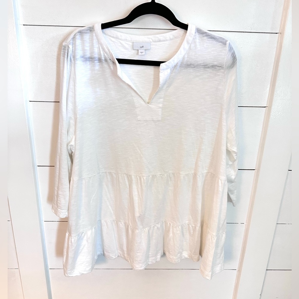 J JILL L White V neck cotton tiered minimalist cottagecore long sleeve top - Picture 2 of 12
